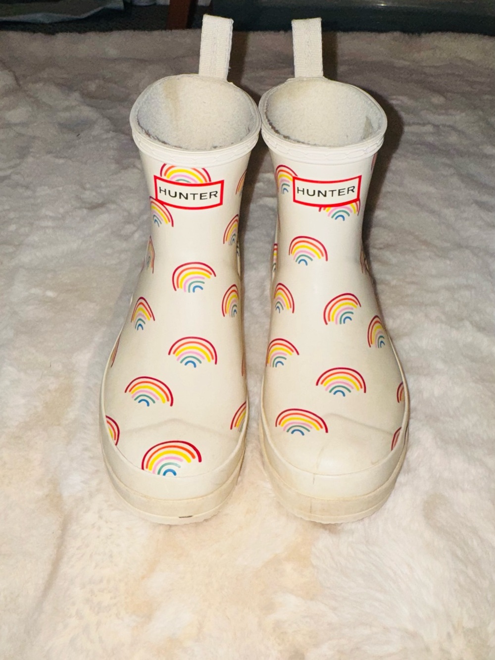 Hunter Womens Cream Rain Boots with Rainbow Motif